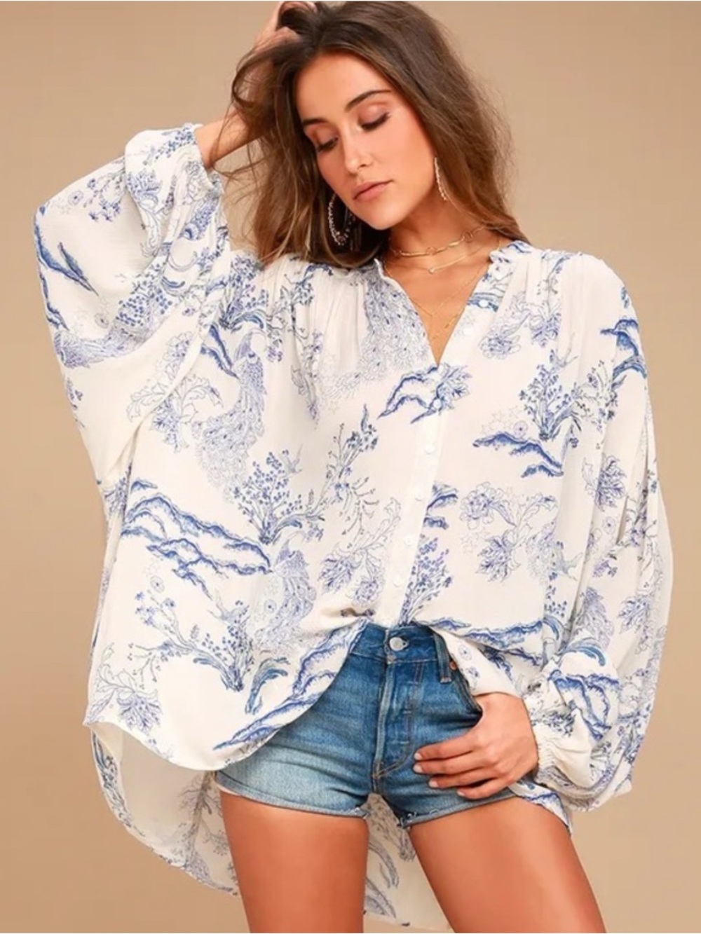NWOT Free People Metallic Blooms Oversized Boho Floral Blouse Cream Blue Size M